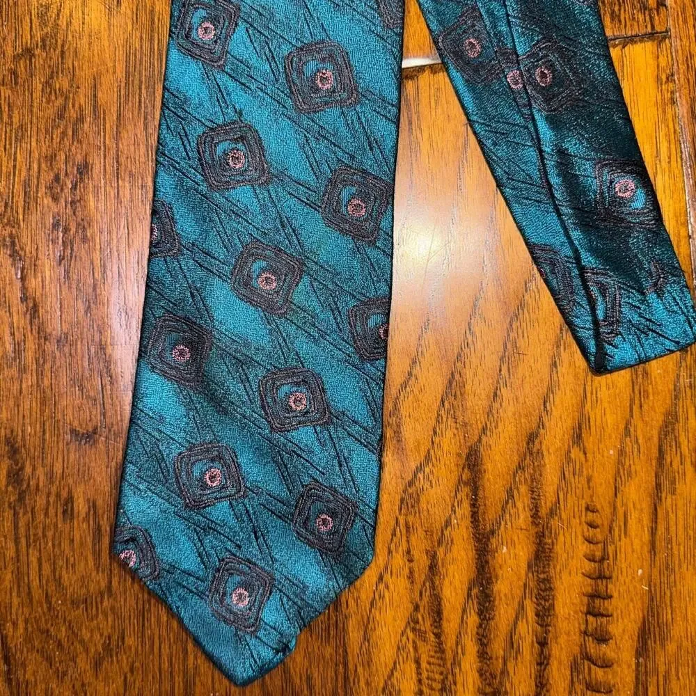 Bachrach Textured 100% Silk Repp Tie Made in USA Geometric Teal Blue & Black
